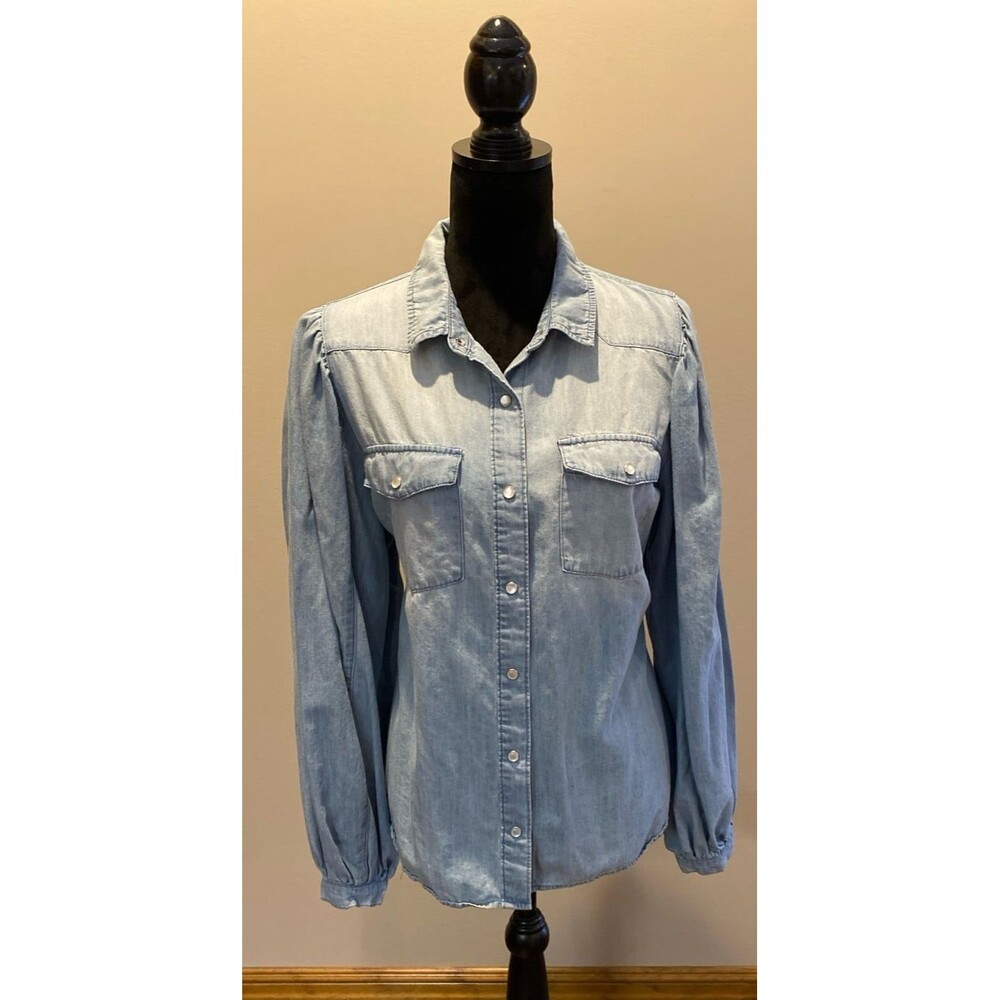 Cato Fashions Chambray Denim Blouse Pearl Snap  Button Down‎ Shirt Size Large